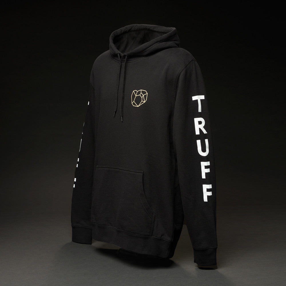 Side angle of TRUFF Hoodie with logo in front on a black background.